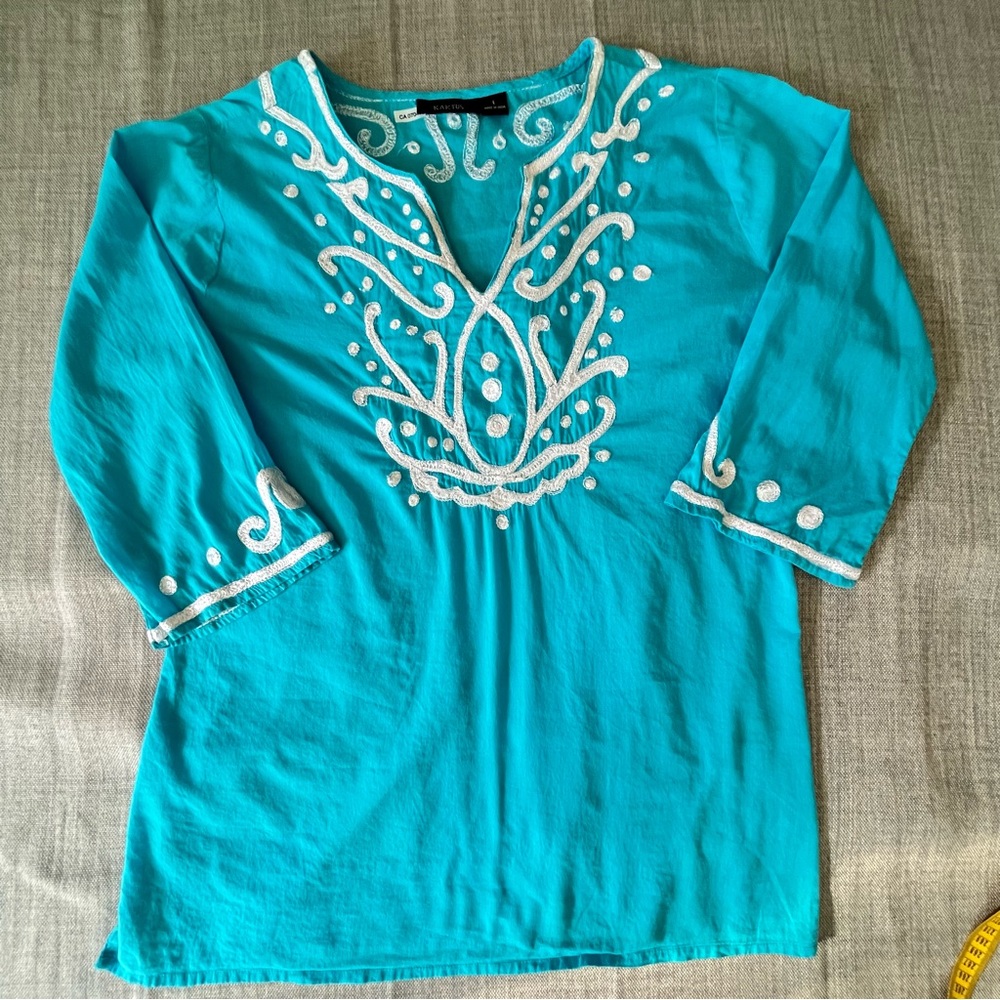 Kaktus Shirt Womens Large Blue Tunic Top Embroidered Boho Hippie Hipster Blouse